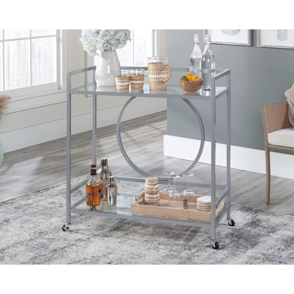 Sauder Int Lux Bar Cart Silver/glass 3a , Two, safety-tempered glass shelves for added elegance 433831 - main
